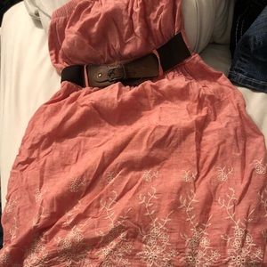 Coral colored summer dress with brown belt